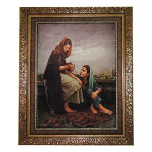 تابلو فرش ماشینی طرح منظره فال حافظ و دختران کد 500 با قاب قهوه ای