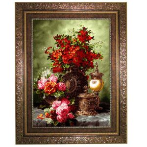 تابلو فرش ماشینی طرح گل قرمز کد 2265 با قاب قهوه ای