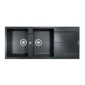 سینک ظرفشویی مدرن گرانیتی توکار مشکی گوفر دو لگنه چپ و راست با سینی و عرض 50 و طول 116 سانتیمتر