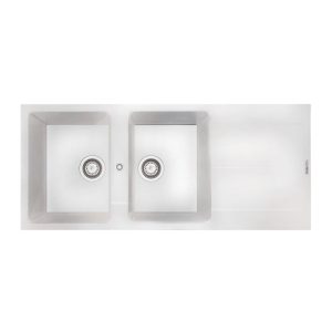 سینک ظرفشویی مدرن گرانیتی توکار سفید گوفر دو لگنه چپ و راست با سینی و عرض 50 و طول 116 سانتیمتر
