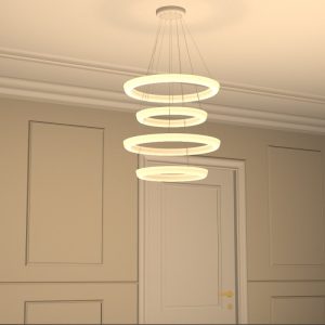 لوستر و چراغ آویز مدرن پلاستیکی سفید حلقه ای دایره ای 4 حلقه ارتفاع 90 سانتیمتر با چراغ ال ای دی