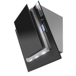 هود مدرن مورب مشکی یک موتوره شیشه ای و استیل با فیلتر آلومینیومی و محدوده سایز 91 تا 84 سانتیمتر برند اخوان سایز 80