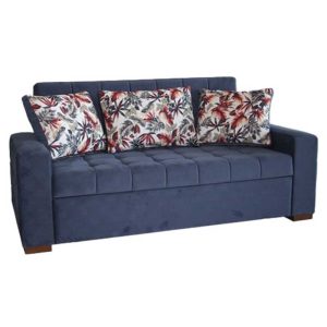 مبل تخت خواب شو دو نفره سرمه ای مدرن، دارای کلاف فلزی و رنگبندی متنوع، سایز تخت 160 کویین