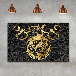 قیمت و خرید تابلو اتاق خواب نقاشی خط یک تکه، طرح عشق و خط سما مشکی طلایی، از جنس بوم، مخصوص نصب روی دیوار