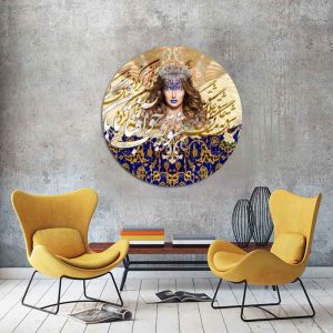 قیمت و خرید تابلو نقاشی خط یک تکه، طرح زن و خوشنویسی در رنگ آبی قهوه ای، مخصوص نصب روی دیوار