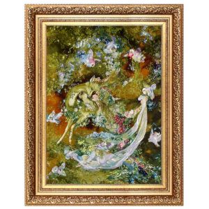 قیمت و خرید تابلو فرش دستباف تبریز طرح مینیاتور نیاز نوازش با تراکم 55 رج، دارای قاب در رنگ قهوه ای و طلایی، مخصوص نصب روی دیوار