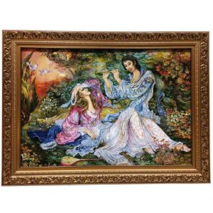 قیمت و خرید تابلو فرش دستباف تبریز ابریشمی طرح مینیاتور آوای نی با تراکم 50 رج، دارای قاب در رنگ قهوه ای و طلایی، مخصوص نصب روی دیوار