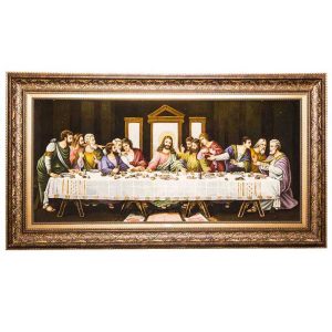 قیمت و خرید تابلو فرش دستباف تبریز طرح شام آخر با تراکم 60 رج، دارای قاب در رنگ قهوه ای و طلایی، مخصوص نصب روی دیوار