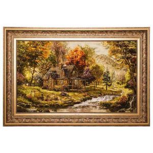 قیمت و خرید تابلو فرش دستباف چله ابریشم تبریز طرح منظره رودخانه و کلبه با تراکم 60 رج، دارای قاب در رنگ قهوه ای و طلایی، مخصوص نصب روی دیوار
