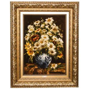 قیمت و خرید تابلو فرش دستباف تبریز طرح گلدان گل سفید با تراکم 60 رج، دارای قاب در رنگ قهوه ای و طلایی، مخصوص نصب روی دیوار