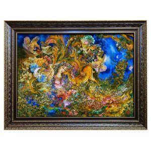 قیمت و خرید تابلو فرش دستباف تبریز طرح مینیاتور دایره هستی، دارای قاب در رنگ قهوه ای و طلایی، مخصوص نصب روی دیوار