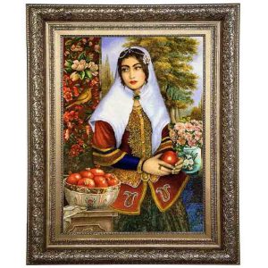 قیمت و خرید تابلو فرش دستباف گل ابریشم تبریز طرح دختر قاجار با تراکم 50 رج، دارای قاب در رنگ قهوه ای و طلایی، مخصوص نصب روی دیوار