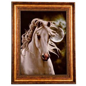 قیمت و خرید تابلو فرش دستباف گل ابریشم تبریز طرح اسب سفید با تراکم 50 رج، دارای قاب در رنگ قهوه ای، مخصوص نصب روی دیوار