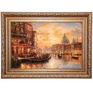 قیمت و خرید تابلو فرش دستباف گل ابریشم تبریز طرح منظره شهر و رودخانه با تراکم 50 رج، دارای قاب در رنگ قهوه ای و طلایی، مخصوص نصب روی دیوار