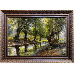 خرید و قیمت تابلو فرش دستباف گل ابریشم تبریز طرح منظره درخت و رودخانه با تراکم 50 رج، دارای قاب در رنگ قهوه ای طلایی، مخصوص نصب روی دیوار
