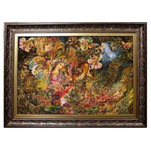 قیمت و خرید تابلو فرش دستباف گل ابریشم تبریز طرح مینیاتور با تراکم 60 رج، دارای قاب در رنگ قهوه ای و طلایی، مخصوص نصب روی دیوار