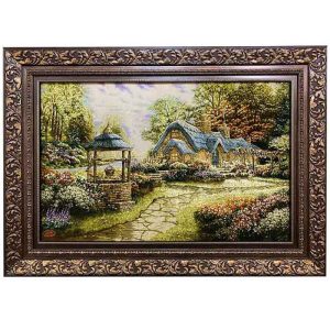قیمت و خرید تابلو فرش دستباف چله ابریشم تبریز طرح منظره کلبه پس از باران با تراکم 50 رج، دارای قاب در رنگ قهوه ای و طلایی، مخصوص نصب روی دیوار