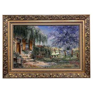 قیمت و خرید تابلو فرش دستباف گل ابریشم تبریز طرح منظره کلبه بهاری با تراکم 50 رج، دارای قاب در رنگ قهوه ای و طلایی، مخصوص نصب روی دیوار