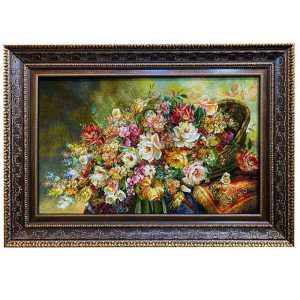 قیمت و خرید تابلو فرش دستباف تبریز طرح سبد گل با تراکم 50 رج، دارای قاب در رنگ قهوه ای و طلایی، مخصوص نصب روی دیوار