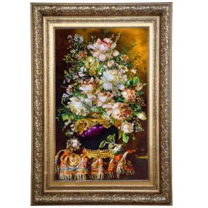 قیمت و خرید تابلو فرش دستباف تبریز گل ابریشم طرح گلدان گل با تراکم 50 رج، دارای قاب در رنگ قهوه ای و طلایی، مخصوص نصب روی دیوار