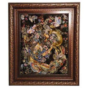 قیمت و خرید تابلو فرش دستباف تبریز طرح مینیاتور راز و نوازش فرشچیان با تراکم 60 رج، دارای قاب در رنگ قهوه ای، مخصوص نصب روی دیوار