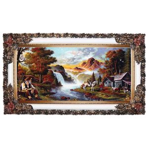 قیمت و خرید تابلو فرش ماشینی کاشان طرح منظره طبیعت رودخانه و اسب با تراکم 70 رج، دارای قاب در رنگ سفید و طلایی، مخصوص نصب روی دیوار