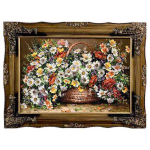قیمت و خرید تابلو فرش ماشینی کاشان طرح سبد گل با تراکم 75 رج، دارای قاب در رنگ قهوه ای، مخصوص نصب روی دیوار