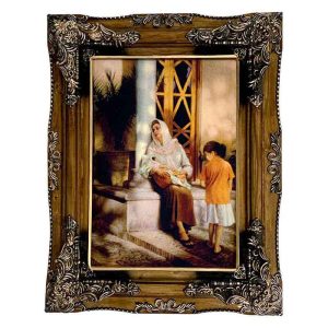 قیمت و خرید تابلو فرش ماشینی کاشان طرح مادر و فرزند با تراکم 75 رج، دارای قاب در رنگ طلایی، مخصوص نصب روی دیوار