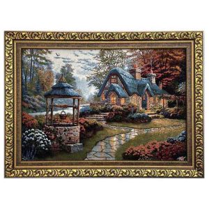 قیمت و خرید تابلو فرش ماشینی کاشان طرح منظره کلبه و درخت تراکم 1200 شانه، دارای قاب در رنگ قهوه ای، مخصوص نصب روی دیوار