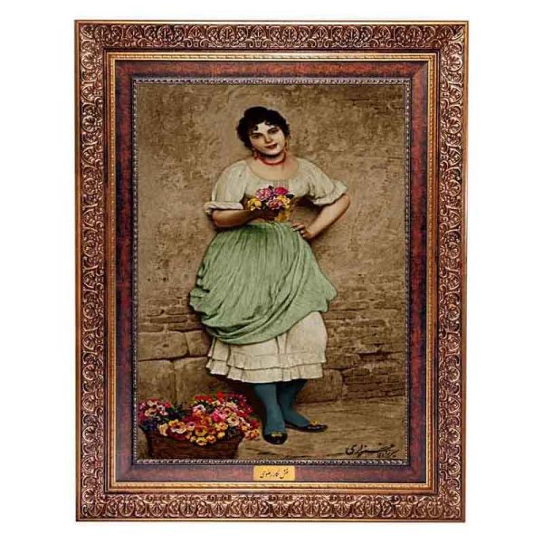 قیمت و خرید تابلو فرش ماشینی کاشان طرح دختر نوجوان با تراکم 1200 شانه، دارای قاب در رنگ قهوه ای و طلایی، مخصوص نصب روی دیوار