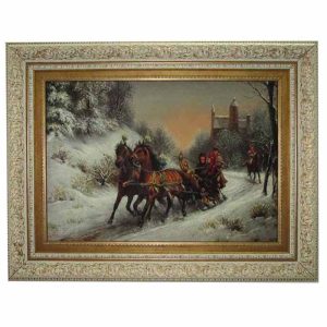 قیمت و خرید تابلو فرش ماشینی کاشان طرح منظره مسیر برفی و کالسکه وان یکاد با تراکم 70 رج، دارای قاب در رنگ روشن، مخصوص نصب روی دیوار