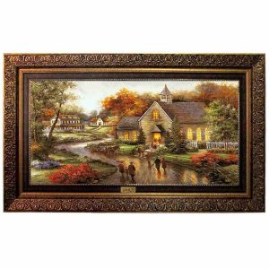 قیمت و خرید تابلو فرش ماشینی کاشان طرح منظره کوچه و خانه با تراکم 70 رج، دارای قاب در رنگ قهوه ای، مخصوص نصب روی دیوار