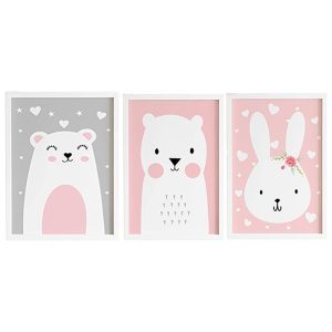 قیمت و خرید تابلو اتاق کودک و نوزاد دخترانه سه تکه، طرح خرس و خرگوش در رنگ صورتی و سفید و طوسی، بدون شیشه و مخصوص نصب روی دیوار