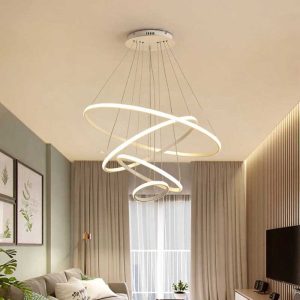 خرید و قیمت لوستر مدرن حلقه ای رینگی LED با رنگ بدنه سفید آلومینیومی، دارای نور آفتابی و مهتابی و ترکیبی، و قابلیت تعویض لامپ، ارتفاع 80 سانتیمتر قابل تنظیم و دارای ریموت کنترل