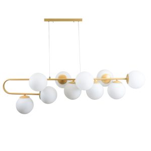 خرید و قیمت لوستر مدرن حبابی توپی فلزی با رنگ بدنه طلایی، مشکی و سفید، ارتفاع 85 سانتیمتر قابل تنظیم و 10 شعله