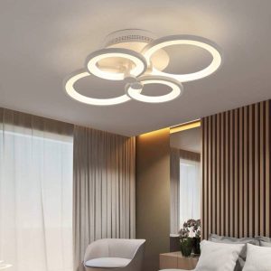 خرید و قیمت لوستر مدرن سقفی حلقه ای با رنگ بدنه سفید از جنس فلز، با با ارتفاع 15 سانتیمتر، دارای ریموت کنترل و نور آفتابی، مهتابی و ترکیبی