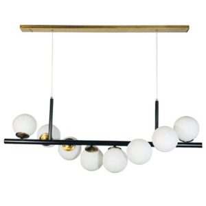 خرید و قیمت آویز و لوستر خطی حباب دار 8 شعله طرح مولکولی، از جنس آلومینیوم و رنگ بدنه سفید و مشکی، با ارتفاع 26 سانتیمتر و قابلیت تعویض لامپ