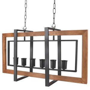 خرید و قیمت آویز و لوستر خطی طرح روستیک 6 شعله، از جنس فلز و چوب و رنگ بدنه مشکی و چوبی، با ارتفاع 65 سانتیمتر و قابلیت تعویض لامپ