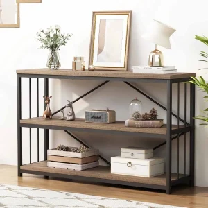 میز کنسول فلزی مشکی با صفحه چوبی روستیک