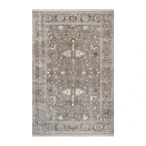 فرش ماشینی 1200 شانه زمینه کرم حاشیه قهوه ای مدل یونیک کد 8560