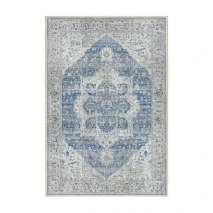 فرش ماشینی 1000 شانه اورکوم زمینه طوسی حاشیه آبی طرح مینیمال هانا کد OR.1115.03