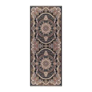 فرش ماشینی زانیس مدل کناره سنتی طرح مانا زمینه سرمه ای