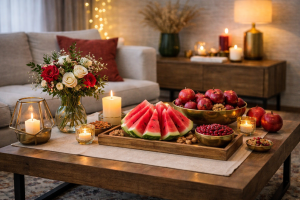 نمونه‌ای از تزیین مدرن میز شب یلدا با شمع و گل در خانه‌های امروزی