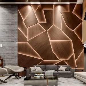 طراحی دیوار پذیرایی با چوب و نور مخفی