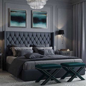 اتاق خواب ساده و شیک نئوکلاسیک طوسی آبی با تبلو دکوری مدرن