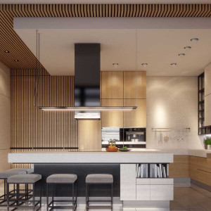 دیزاین آشپزخانه مدرن کرم قهوه ای با مبلمان و اکسسوری های طوسی مشکی