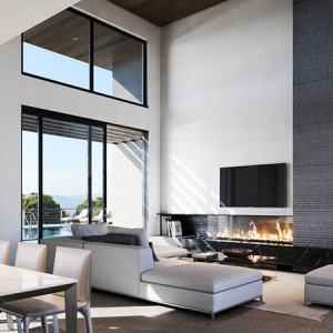 دیزاین نشیمن و هال مدرن طوسی لوکس با سقف بلند و شومینه مدرن و مبلمان طوسی خاکستری