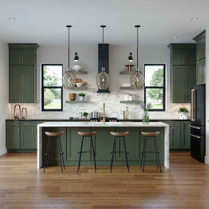 جزیره و کابینت سبز تیره آشپزخانه با سنگ اپن مشکی