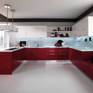 کابینت سفید بالایی و کابینت قرمز پایینی آشپزخانه مدرن با اپن سفید