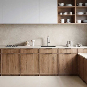 کابینت سفید و قهوه ای طرح چوب ام دی اف در آشپزخانه مدرن